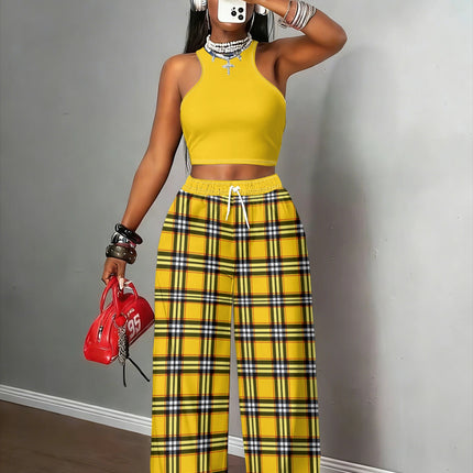 UNICORN Women's Retro Solid Yellow Halter Tank Top Wide Leg Pants s m l xl xxl