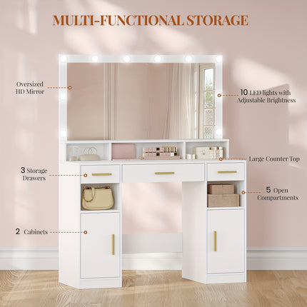 UNICORN Dressing Table Mirror, 3 Drawers, 2 Storage Cabinets, 5 Open Compartments White