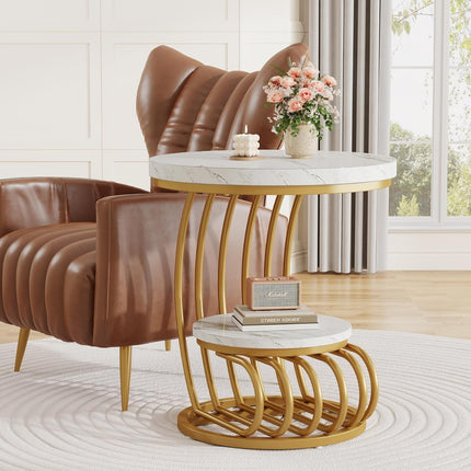 UNICORN Modern Gold Round End Table, White Gold for Living Room