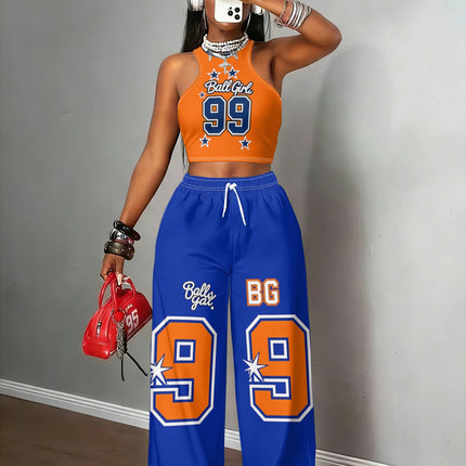 UNICORN Women's Orange Blue Color Block Ball Halter Tank Top Wide Leg Pants s m l xl xxl