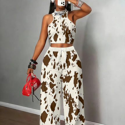 UNICORN Women's  Cow Print Halter Top+ Drawstring Wide-Leg Pants s m l xl xxl