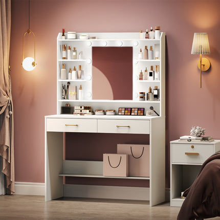 UNICORN Jewelry Cabinet with Mirror, Vanity Table with Shelves And 2 Drawers White