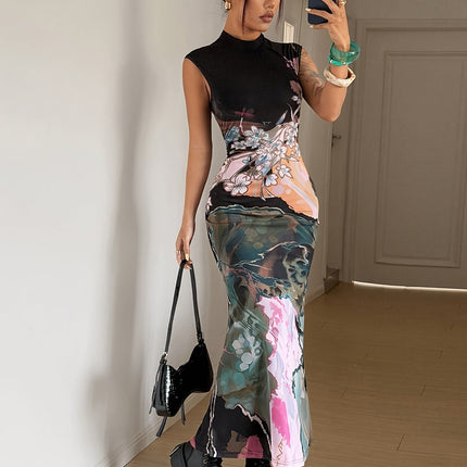UNICORN Cheongsam-Style Vintage Print Slim-Fit  Sleeveless Stand-Up Dress xs s m l xl