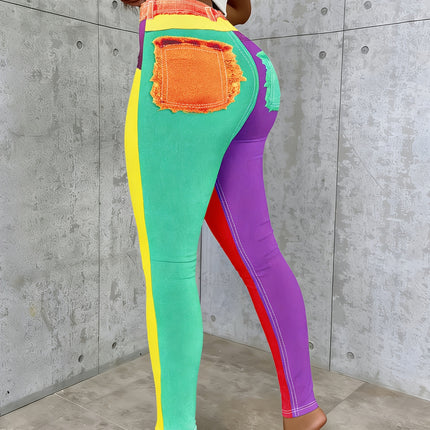 UNICORN Women's Fashion Imitation Denim Color Block Skinny Pants s m l xl