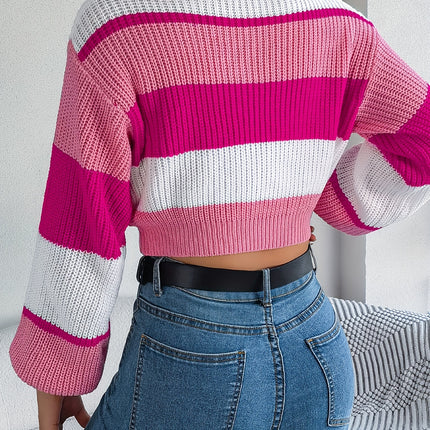 UNICORN Versatile Contrast Stripe Lantern Sleeve Crop Sweater Orange Pink Blue s m l xl