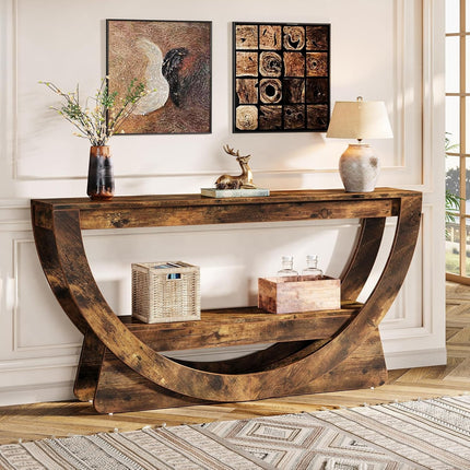 UNICORN 63-Inch Console Table, Farmhouse-Style Two-Tier Entry Table Dark Brown