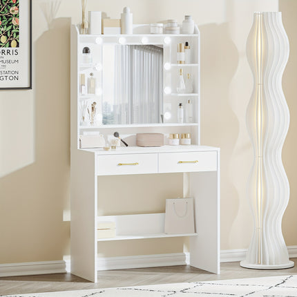 UNICORN Vanity Table Featuring Mirror Shelves And Two Drawers White