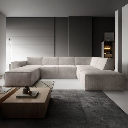 UNICORN 5-seater corner sofa with chaise longue, ribbed fabric, beige
