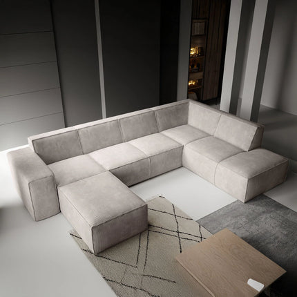 UNICORN 5-seater corner sofa with chaise longue, ribbed fabric, beige gray Width 334 cm Height 79 cm Depth 216 cm