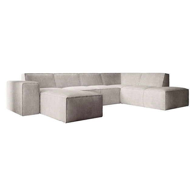 UNICORN 5-seater corner sofa with chaise longue, ribbed fabric, beige gray Width 334 cm Height 79 cm Depth 216 cm