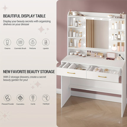 UNICORN Jewelry Cabinet with Mirror, Vanity Table with Shelves And 2 Drawers White