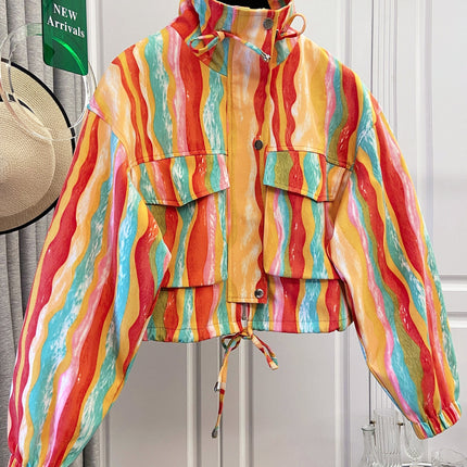 UNICORN Women's Colorful Print Drawstring Pocket Short Jacket Loose Versatile s m l xl