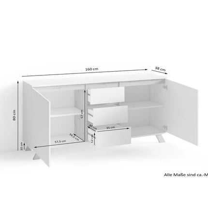 UNICORN Sideboard wall unit modern white Width 160 cm Depth 38 cm Height 76 cm