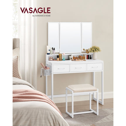 UNICORN Dressing Table with Triple Mirror, 3 Drawers, Hairdryer Holder,Brown Black, White