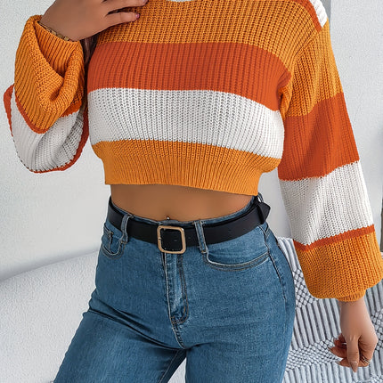 UNICORN Versatile Contrast Stripe Lantern Sleeve Crop Sweater Orange Pink Blue s m l xl