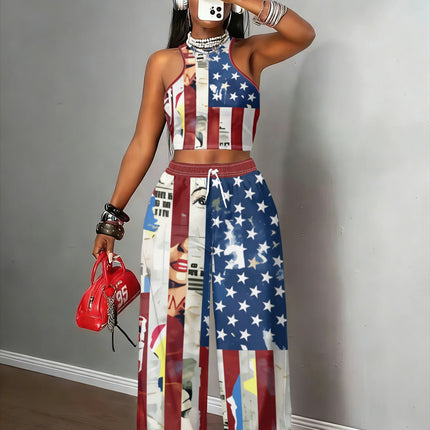 UNICORN Women'S Halter Top And Wide-Leg Pants Set Red, White, Blue s m l xl xxl