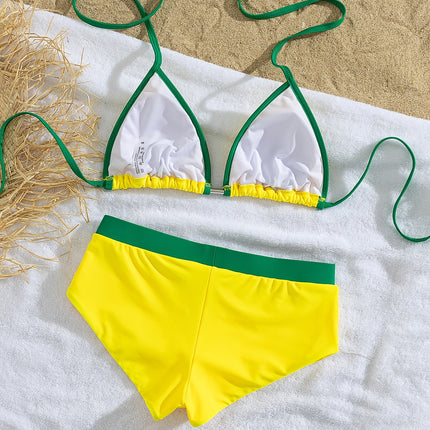 UNICORN Yellow Brazilian Style Yellow-Green Contrast Color Halter Neck Bikini s m l xl