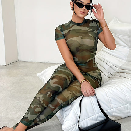 UNICORN Cross-border Women's Camouflage Print Mesh Sheer Jumpsuit s m l xl