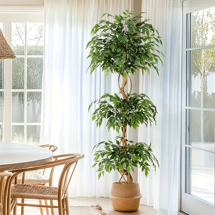UNICORN Artificial Ficus Tree, Curved Tree Trunk, 180cm Large Artificial Plant with White Pot