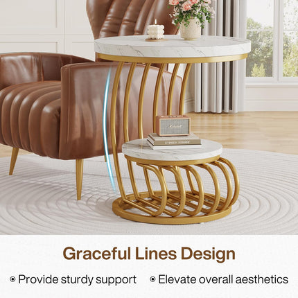 UNICORN Modern Gold Round End Table, White Gold for Living Room