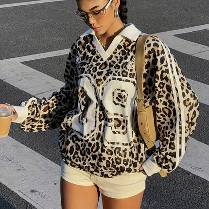 UNICORN Women's Leopard Print Letter Print Side Stripe Loose Pullover s m l xl xxl