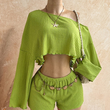 UNICORN Women's Fashion Striped  Shoulder Long-sleeve Top and Shorts Set xs s m l xl