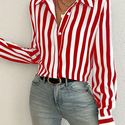 UNICORN Striped Button-Front Shirt, Elegant Long Sleeve Collared Blouse for Women