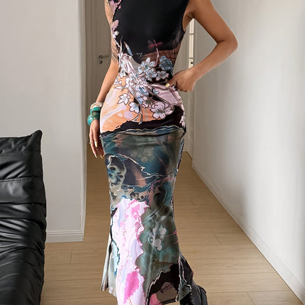 UNICORN Cheongsam-Style Vintage Print Slim-Fit  Sleeveless Stand-Up Dress xs s m l xl