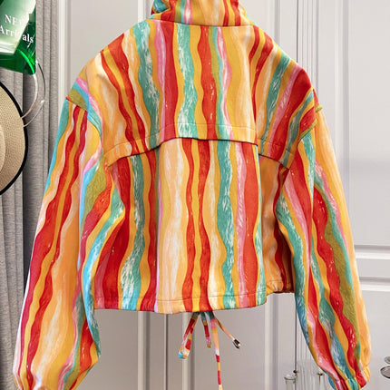 UNICORN Women's Colorful Print Drawstring Pocket Short Jacket Loose Versatile s m l xl