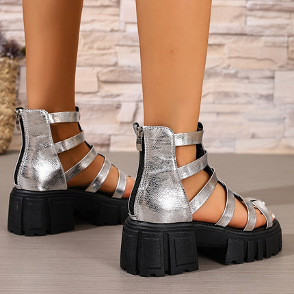 UNICORN Platform Gladiator Sandals for Plus-Size Women Featuring a Silvery Snake Print