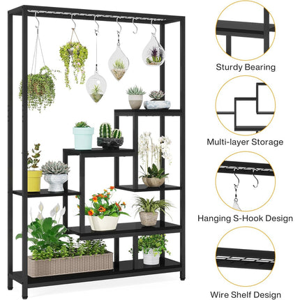 UNICORN Flower Stands, 5-Tier Plant Rack with 10 S-Hooks, 180Cm High Black