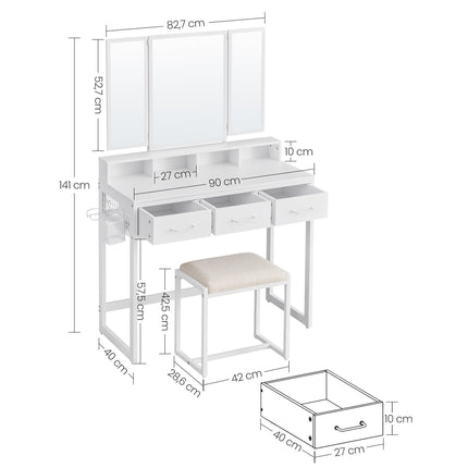 UNICORN Dressing Table with Triple Mirror, 3 Drawers, Hairdryer Holder,Brown Black, White