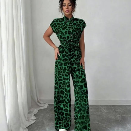UNICORN Summer Print Stand Collar Vacation Style Elegant Casual Belted Jumpsuit s m l xl