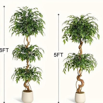 UNICORN Artificial Ficus Tree, Curved Tree Trunk, 180cm Large Artificial Plant with White Pot