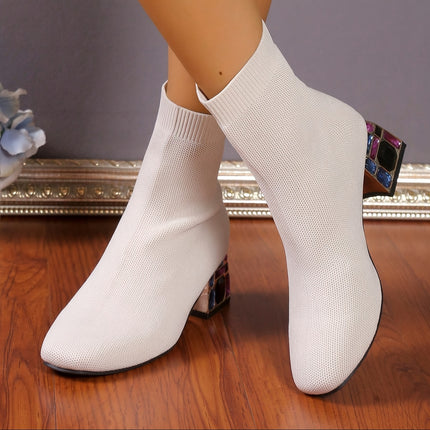 UNICORN Fashion Boots, Single Boots, Chunky Heel Sock Shoes, Knitted Slim Boots