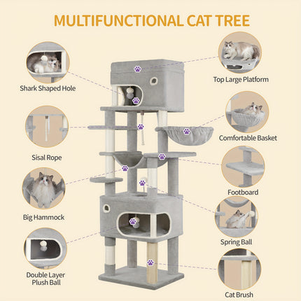 UNICORN 178cm Cat Tree for Indoor Cats, Multi-layer Scratching Post Light Grey/Dark Grey