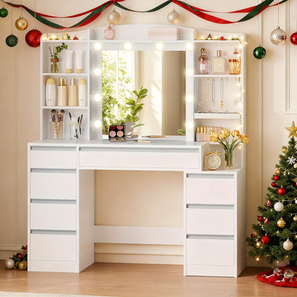 UNICORN Dressing Table with 8 Drawers, Large Mirror with RGB LED Lighting White