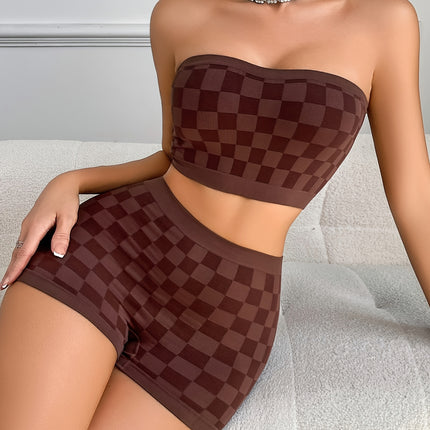 UNICORN Womens Casual Plaid Patterned Lingerie Set, Featuring a Strapless Top s m l
