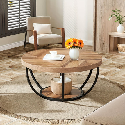 UNICORN 81.28cm Round Coffee Table with 2-Tier Open Storage Wood Grain and Black