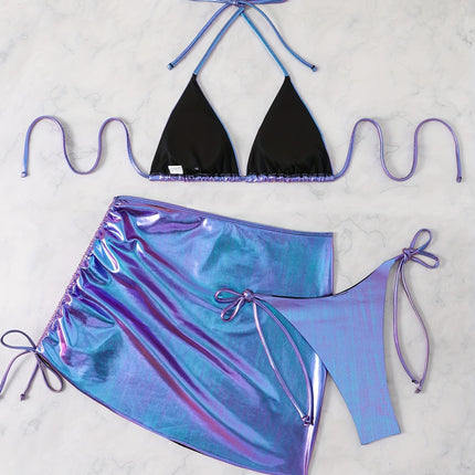 UNICORN Split Bikini Halter Neck Tie-Back Short Skirt Three-Piece Swimsuit s m l xl
