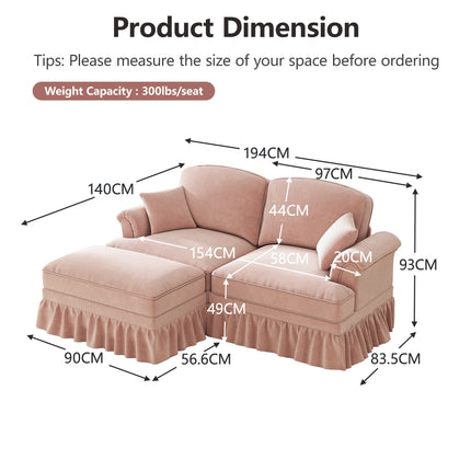 UNICORN Modular Mid-Century L-Shaped 2-Seater Chenille Sofa for Living Room Pink