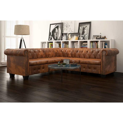UNICORN Chesterfield-Ecksofa 5-Sitzer Kunstleder Brown