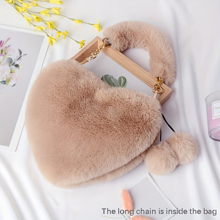 UNICORN Hairy Love Wallet & Crossbody Bag Heart Fake Fur Purse with Chain Strap