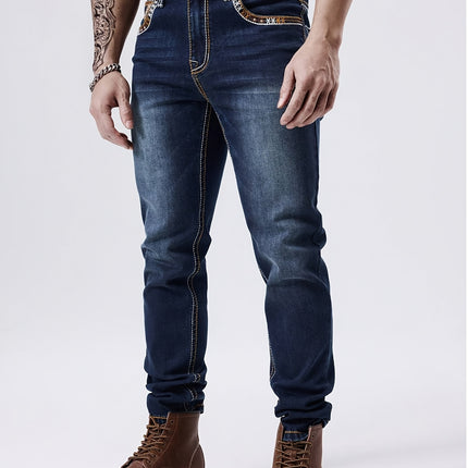UNICORN Men'S Thick Line Embroidered Stretchy Washed Denim Pants s m l xl xxl