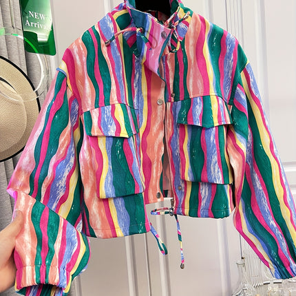 UNICORN Women's Colorful Print Drawstring Pocket Short Jacket Loose Versatile s m l xl