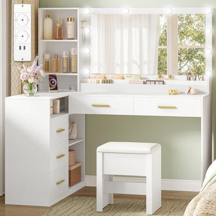 UNICORN Corner Vanity with Stool with Large Mirror White