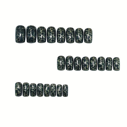 UNICORN 24 Medium Square Fake Nails, Black Golden Glitter Leopard Wear Armor Design