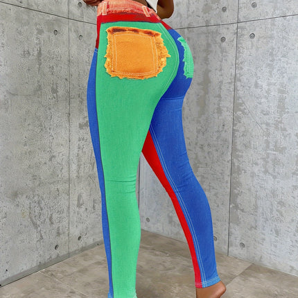 UNICORN Women's Fashion Imitation Denim Color Block Skinny Pants s m l xl