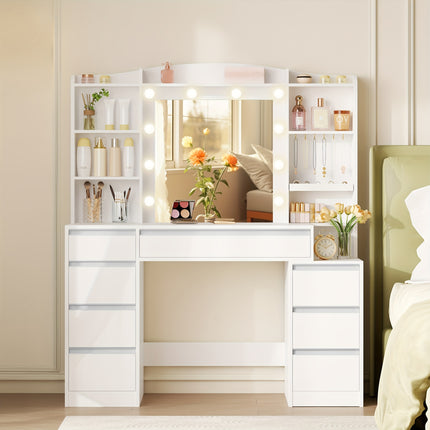 UNICORN Dressing Table with 8 Drawers, Large Mirror with RGB LED Lighting White
