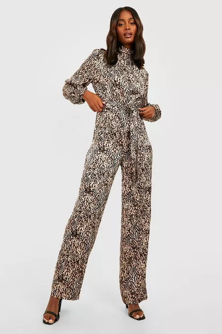 Dames jumpsuit dierenprint crème bruin m